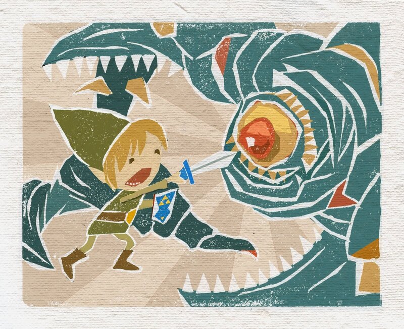 Link Fighting a Monster — Green, Dramatic, Illustration, Sword