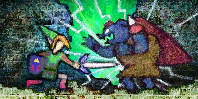 Link Fighting a Monster — Green, Dramatic