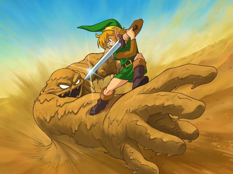Link Fighting a Sand Monster — Green, Dramatic, Afternoon, Digital Art