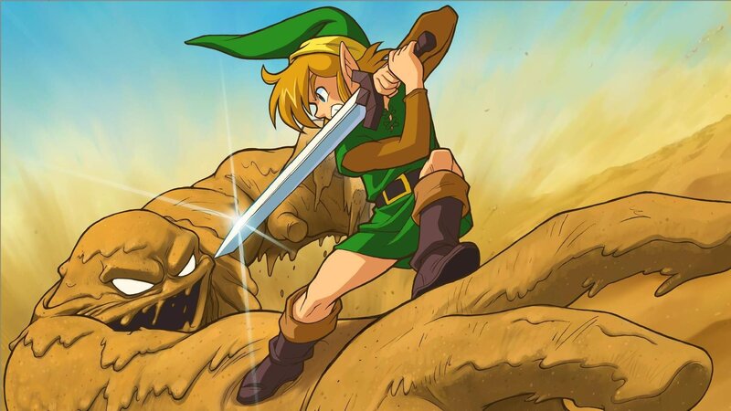 Link Fighting a Sand Monster — Green