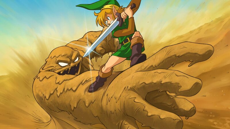 Link Fighting a Sand Monster — Yellow