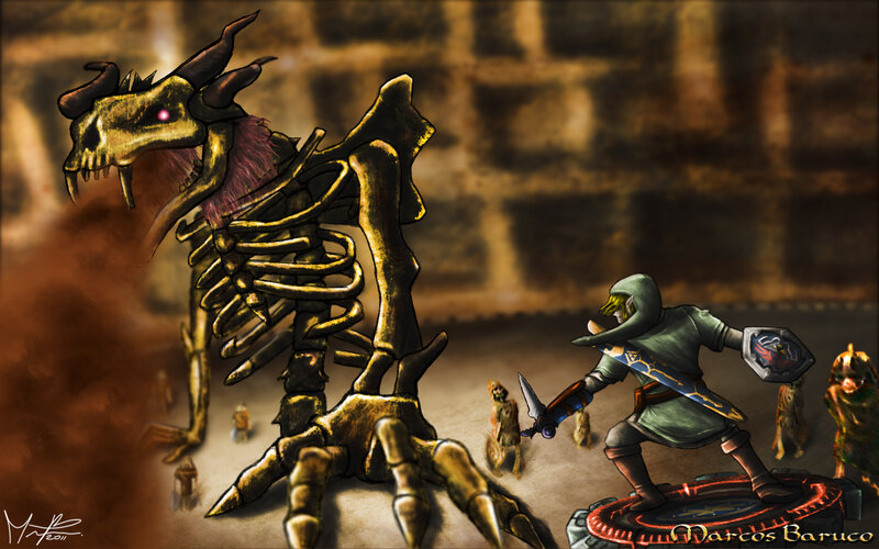Link fights a dragon skeleton