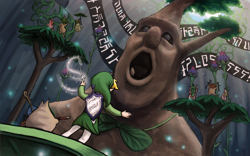 Link fights a giant tree