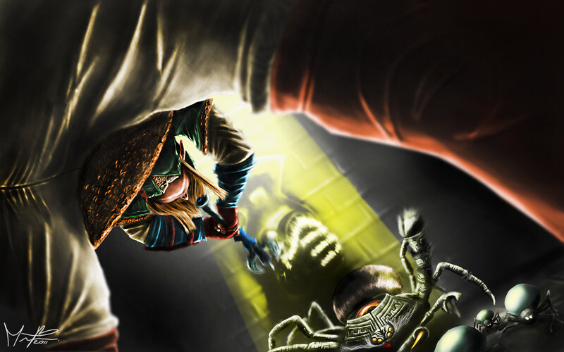 Link fights giant spiders