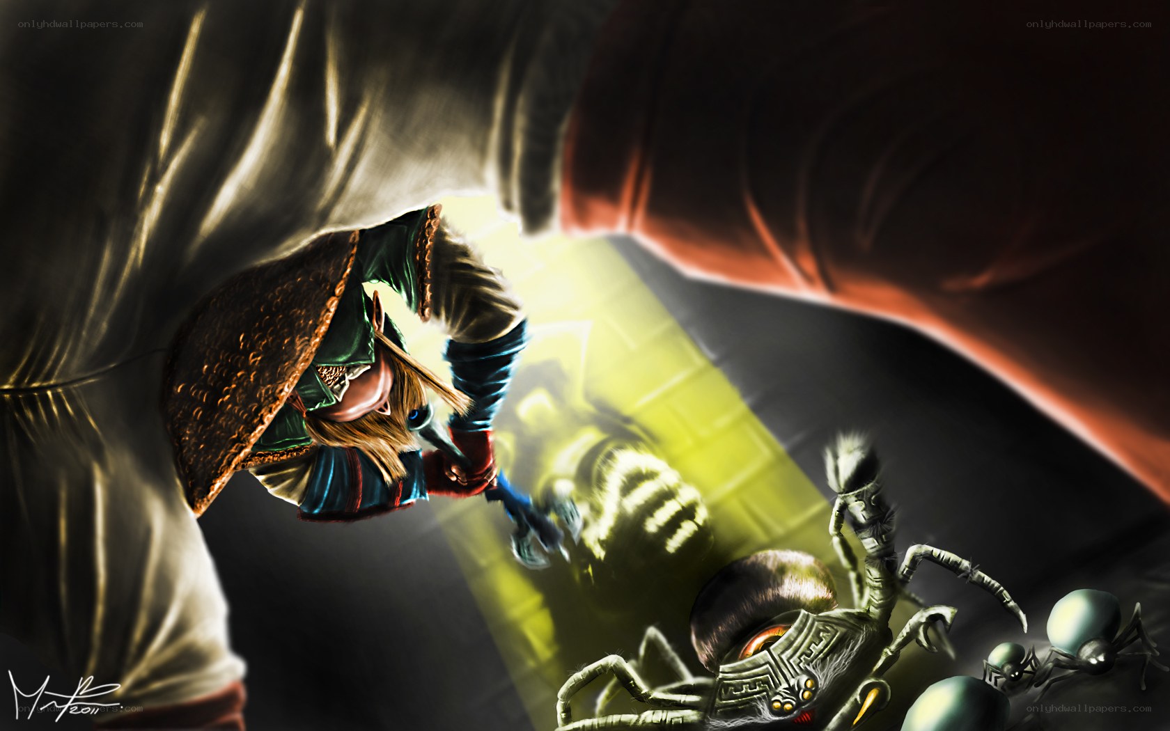 Link fights giant spiders