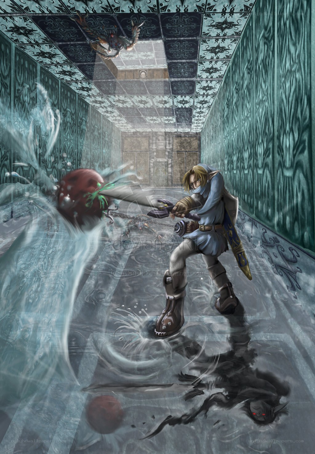 Link fights in a flooded dungeon