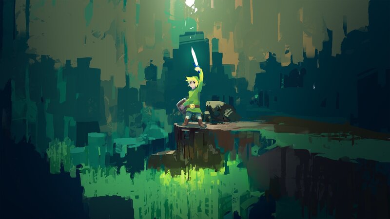 Link Holding a Sword — Green, Dramatic, Night