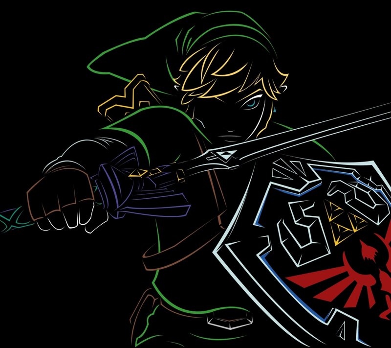 Link Holding Sword and Shield — Black, Dramatic