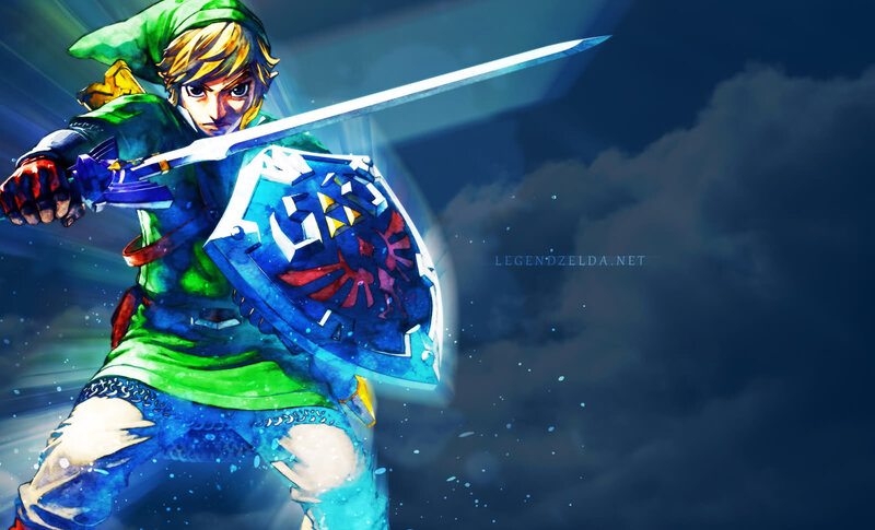Link Holding Sword and Shield — Blue, Dramatic, Night