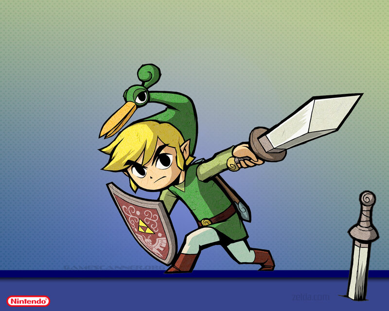 Link Holding Sword and Shield — Green, Action, Digital Art