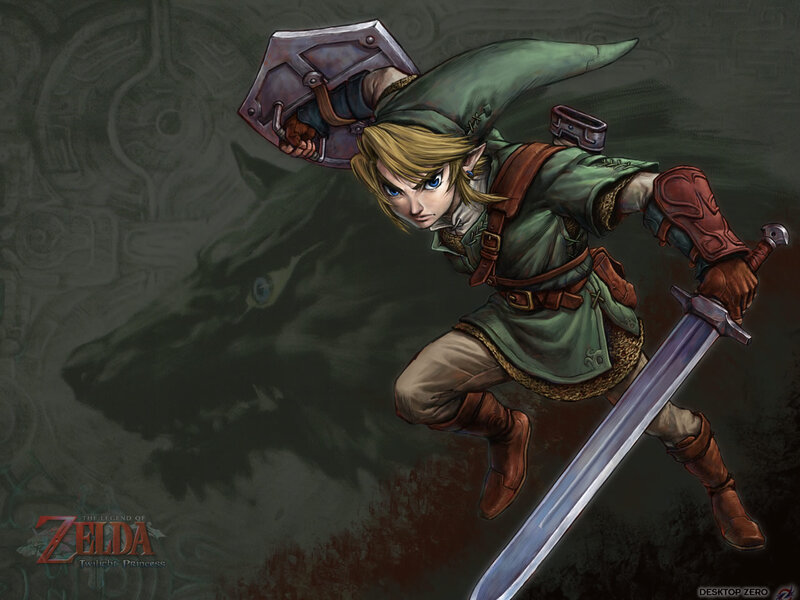 Link Holding Sword and Shield — Green, Dramatic, Digital Art, Wolf