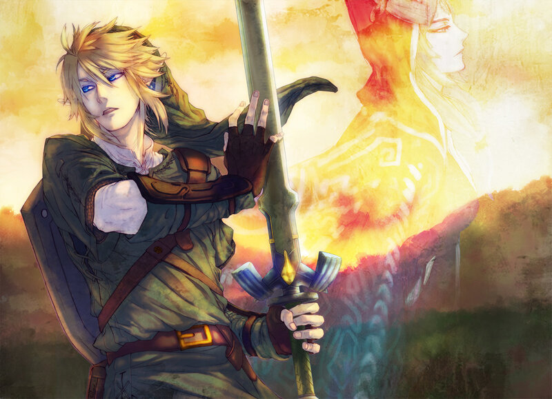 Link holding sword at sunset
