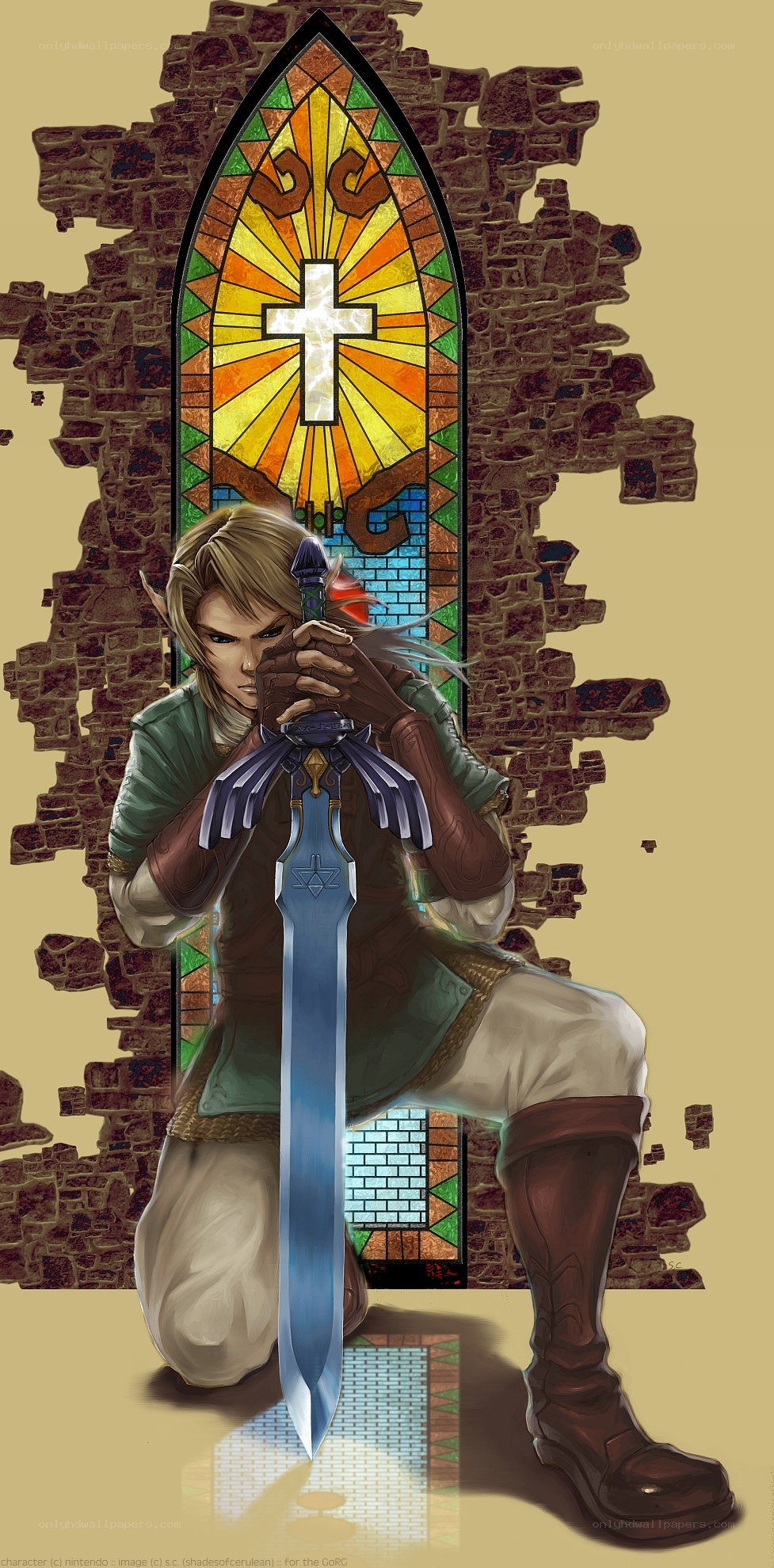 Link kneels before stained glass