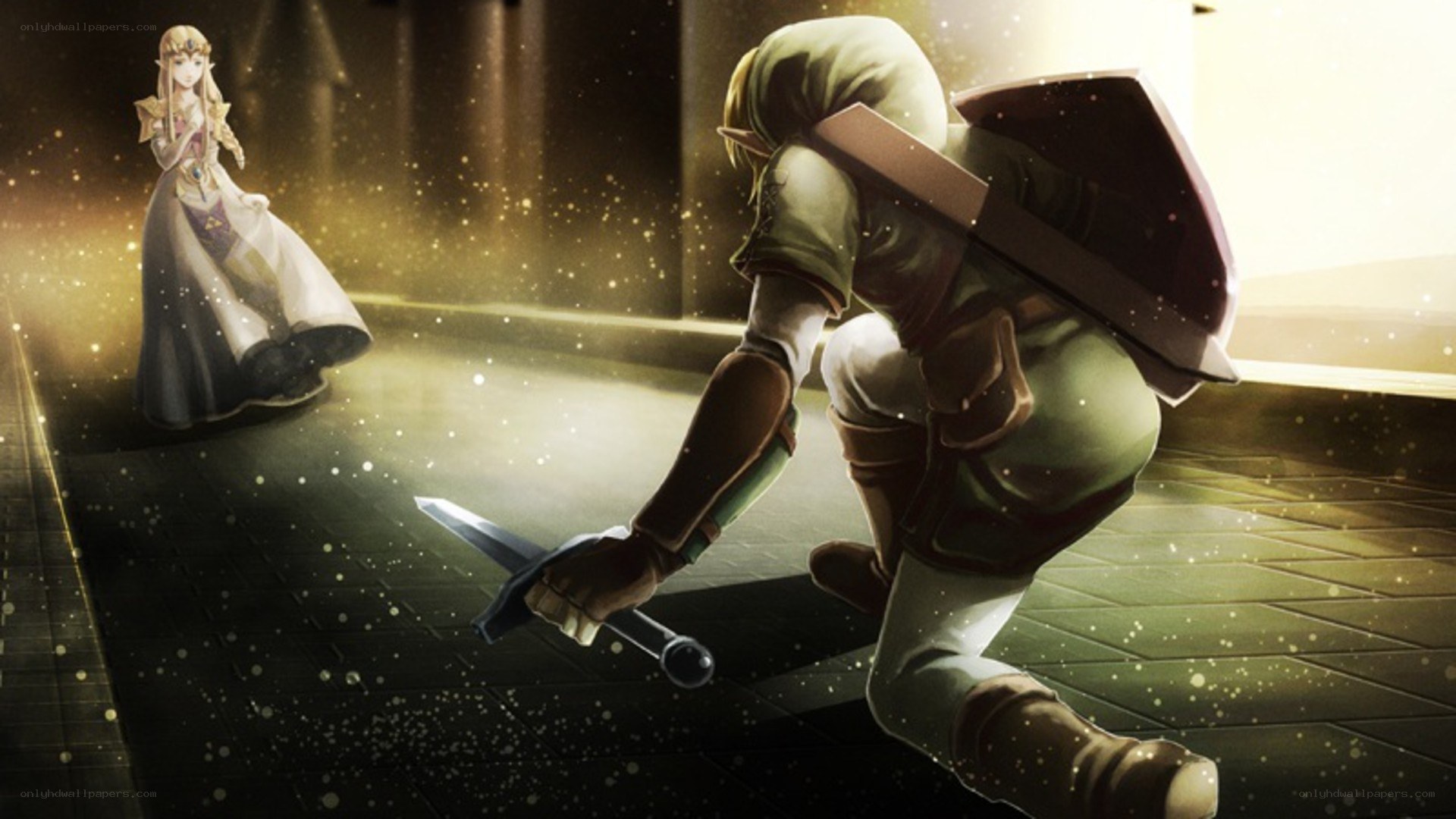 Link kneels before Zelda