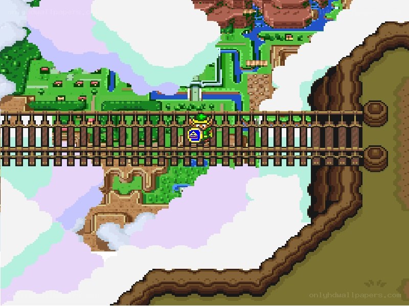 Link on a bridge in a pixel art world