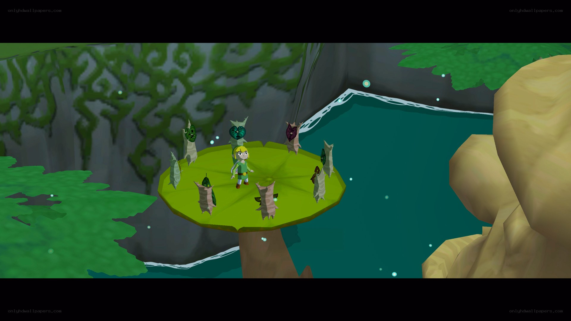 Link on a lily pad with enemies