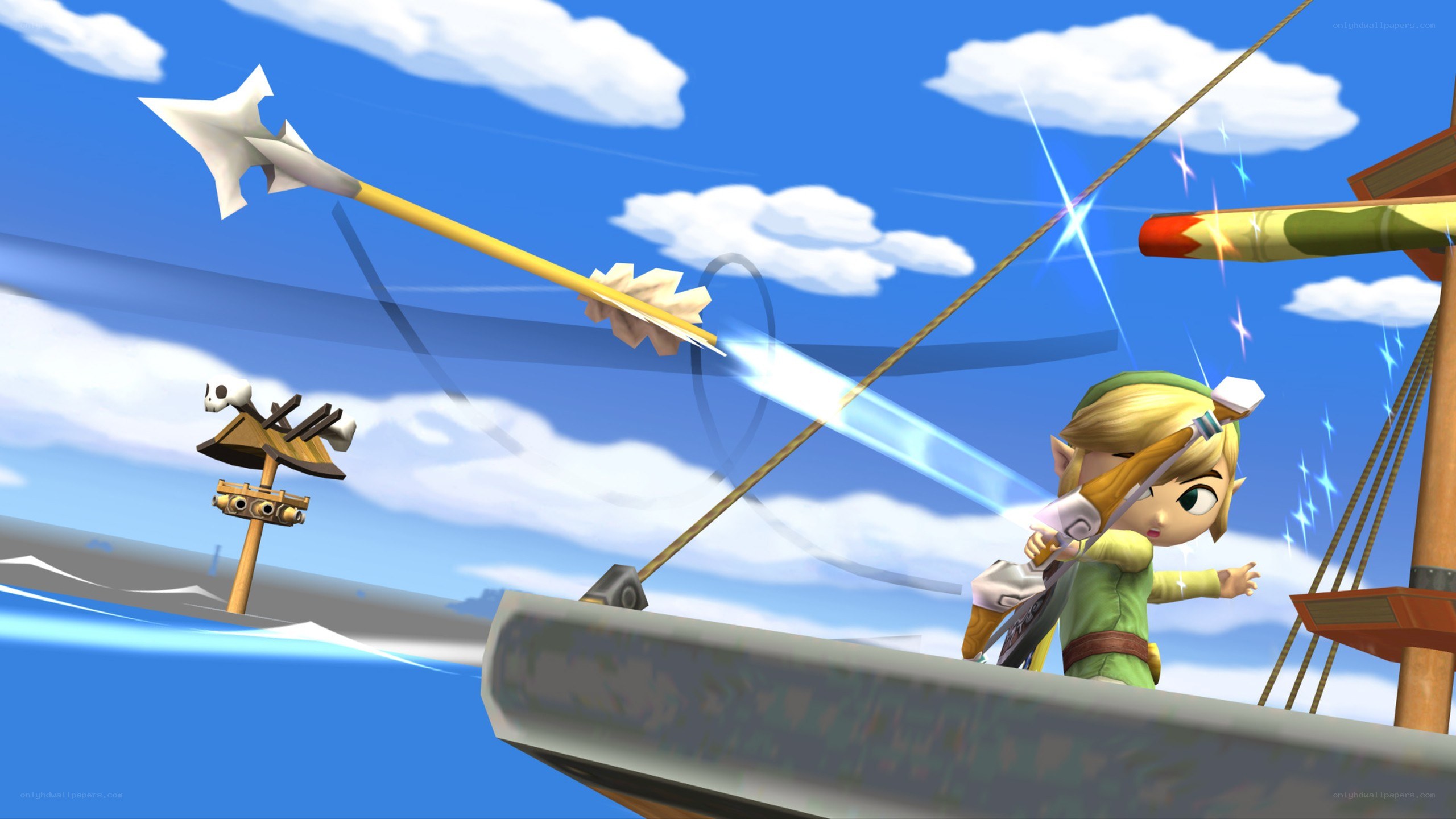 Link on a ship with bow and arrow