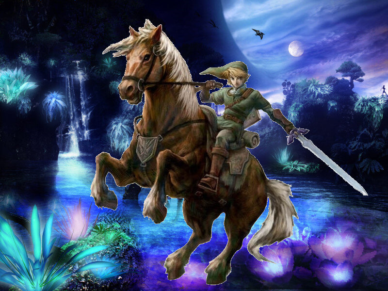Link on horseback in fantasy landscape