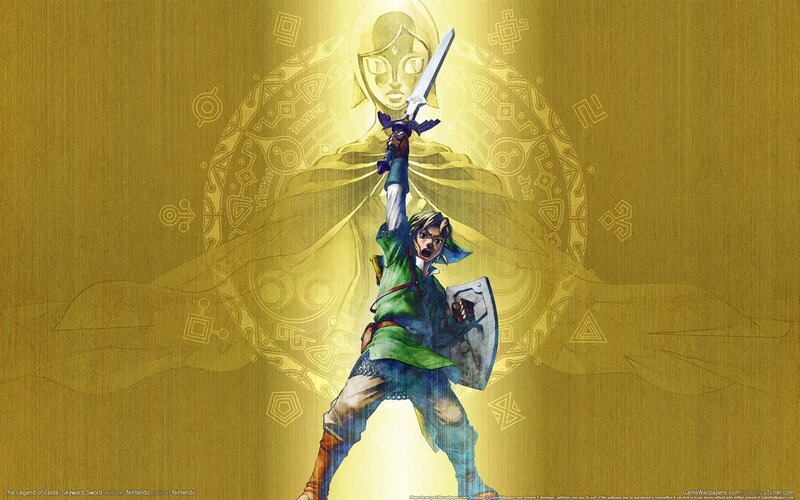 Link raises sword in Skyward Sword