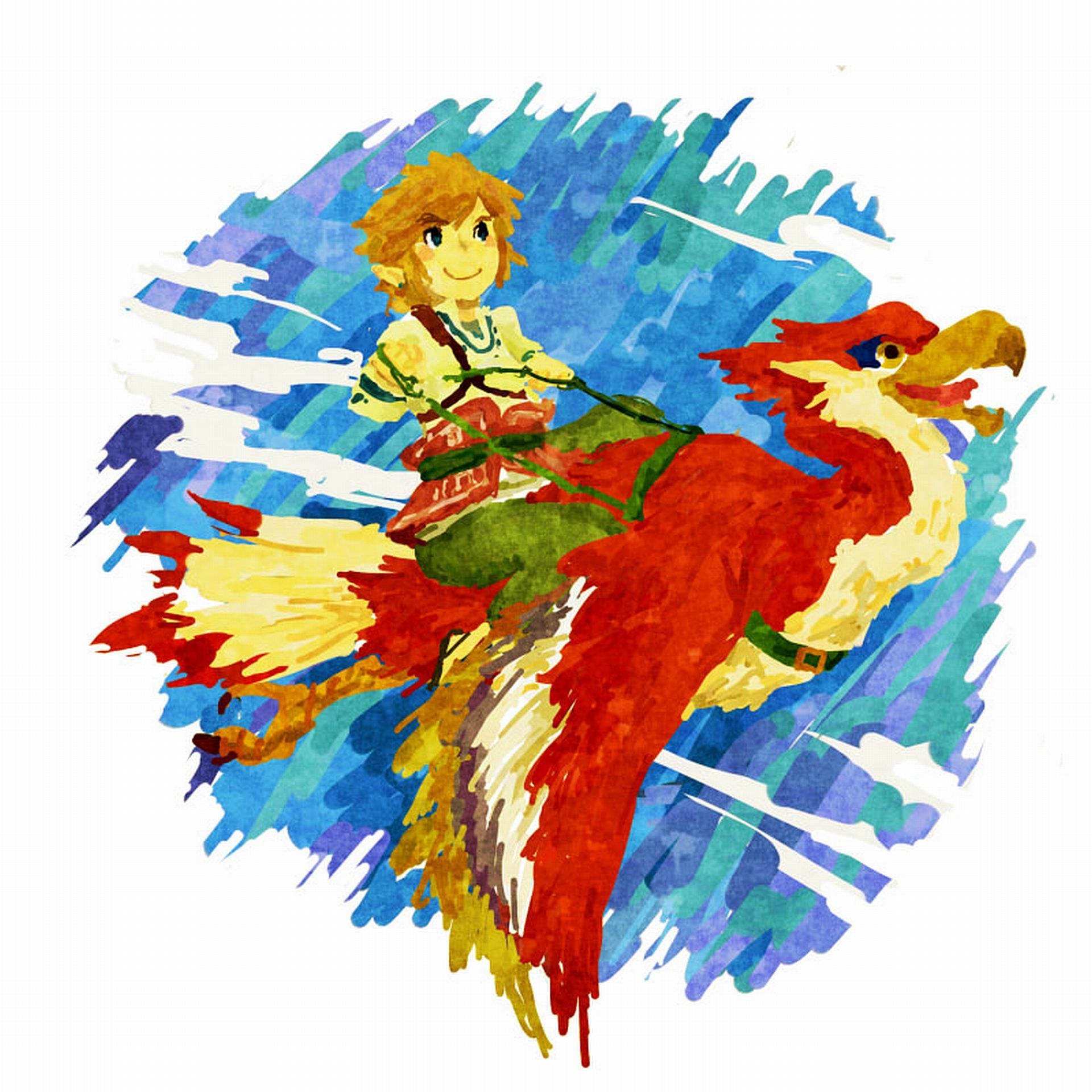 Link rides a bird in the sky