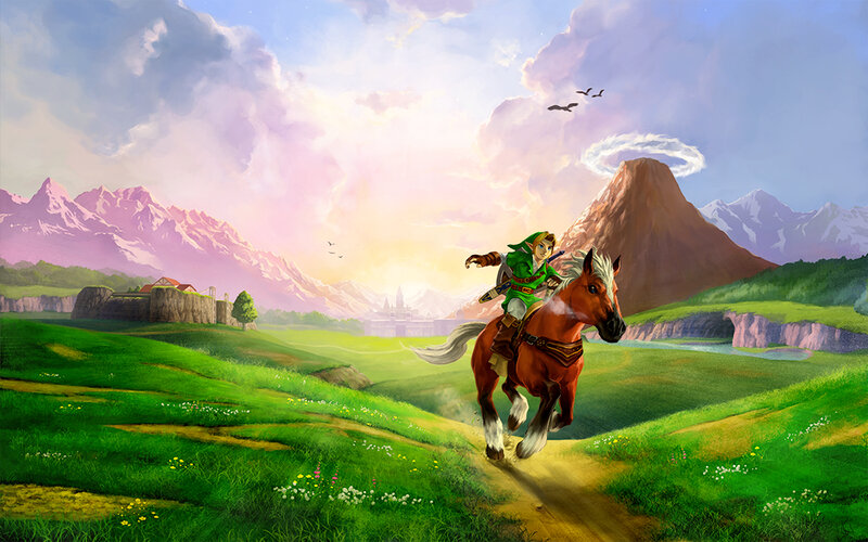 Link Riding a Horse — Green, Serene, Morning, Digital Art, Mountains, Castle, Brown, Blue
