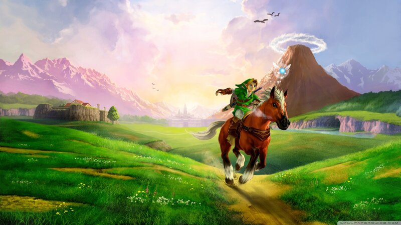 Link Riding a Horse — Green, Serene, Morning, Digital Art, Mountains