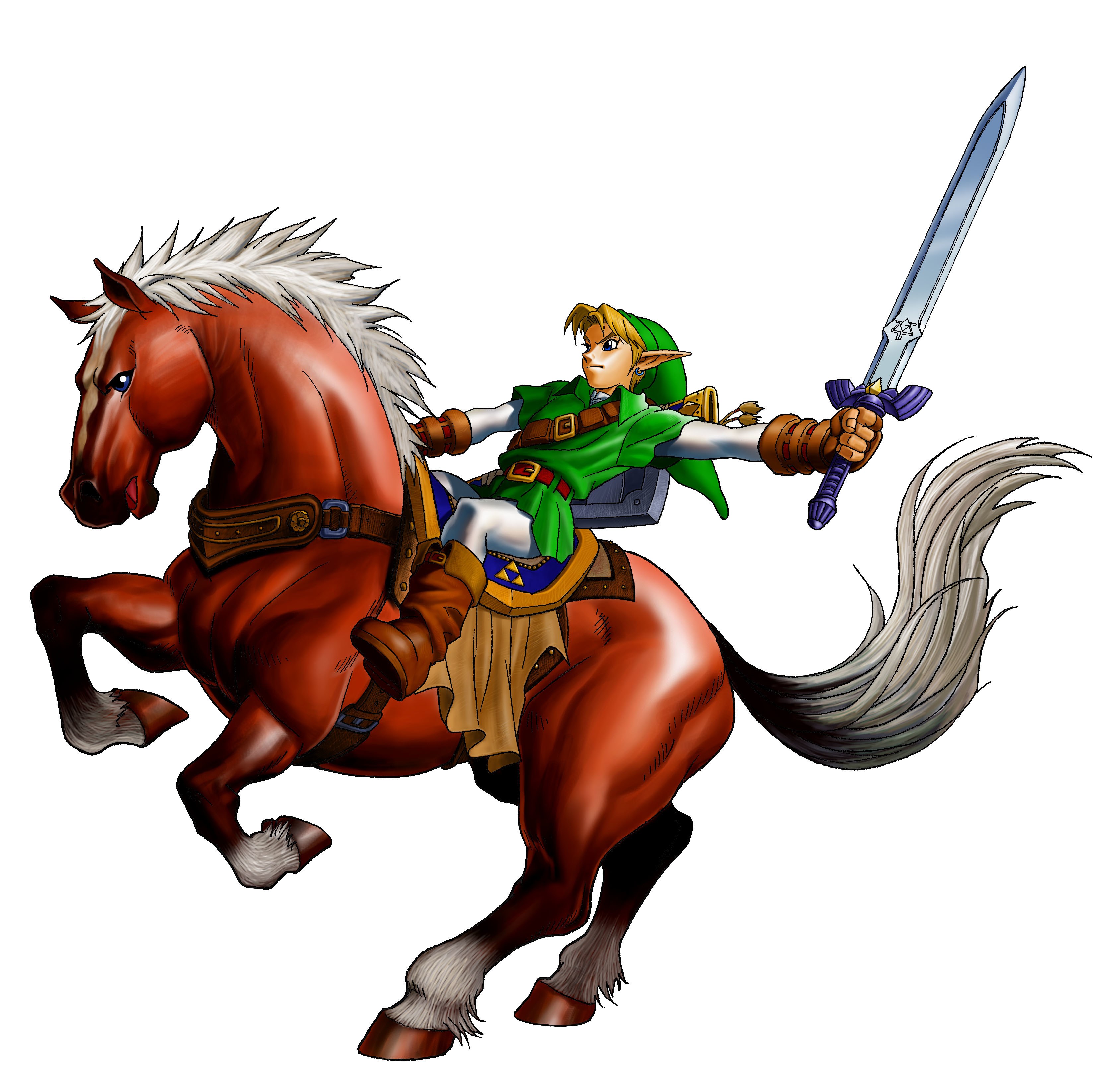 Link riding a horse with sword