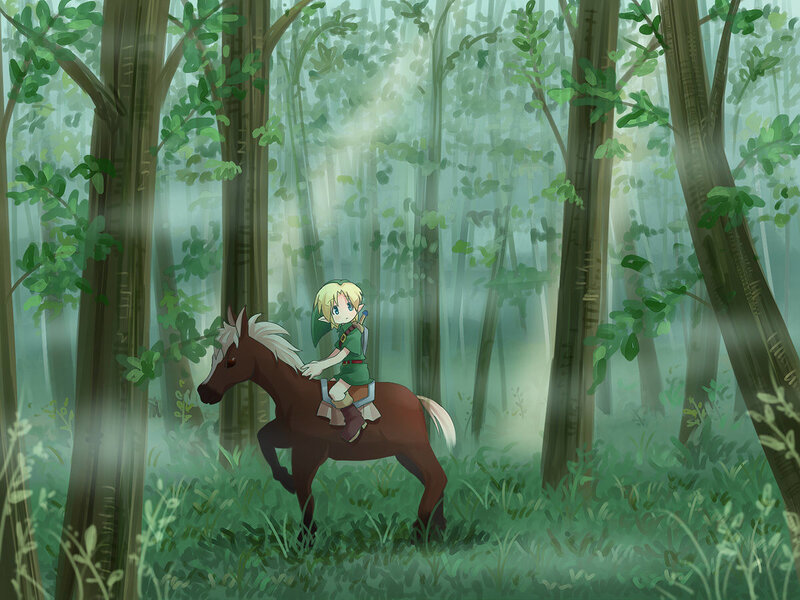 Link riding through a forest