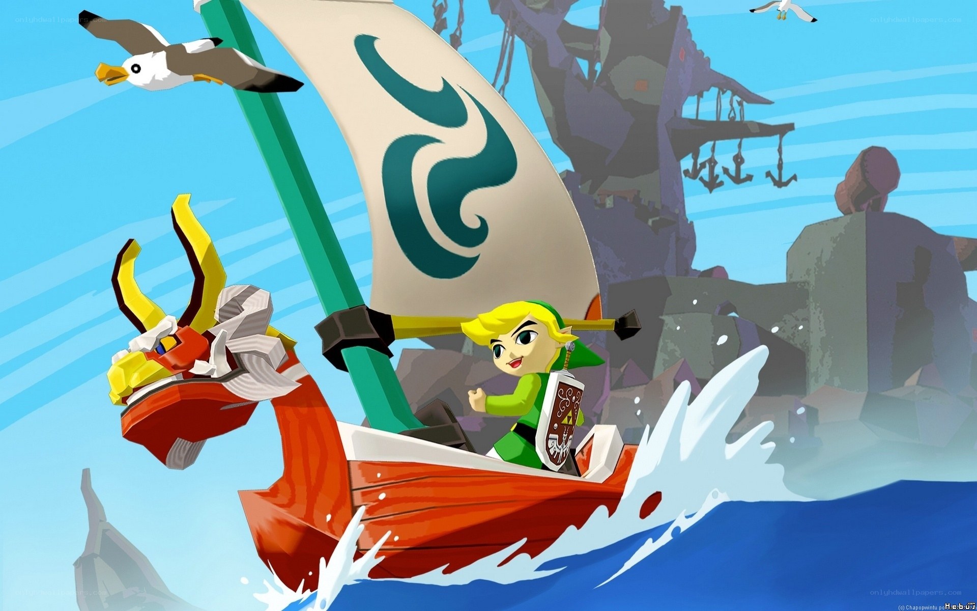 Link sails on a red boat