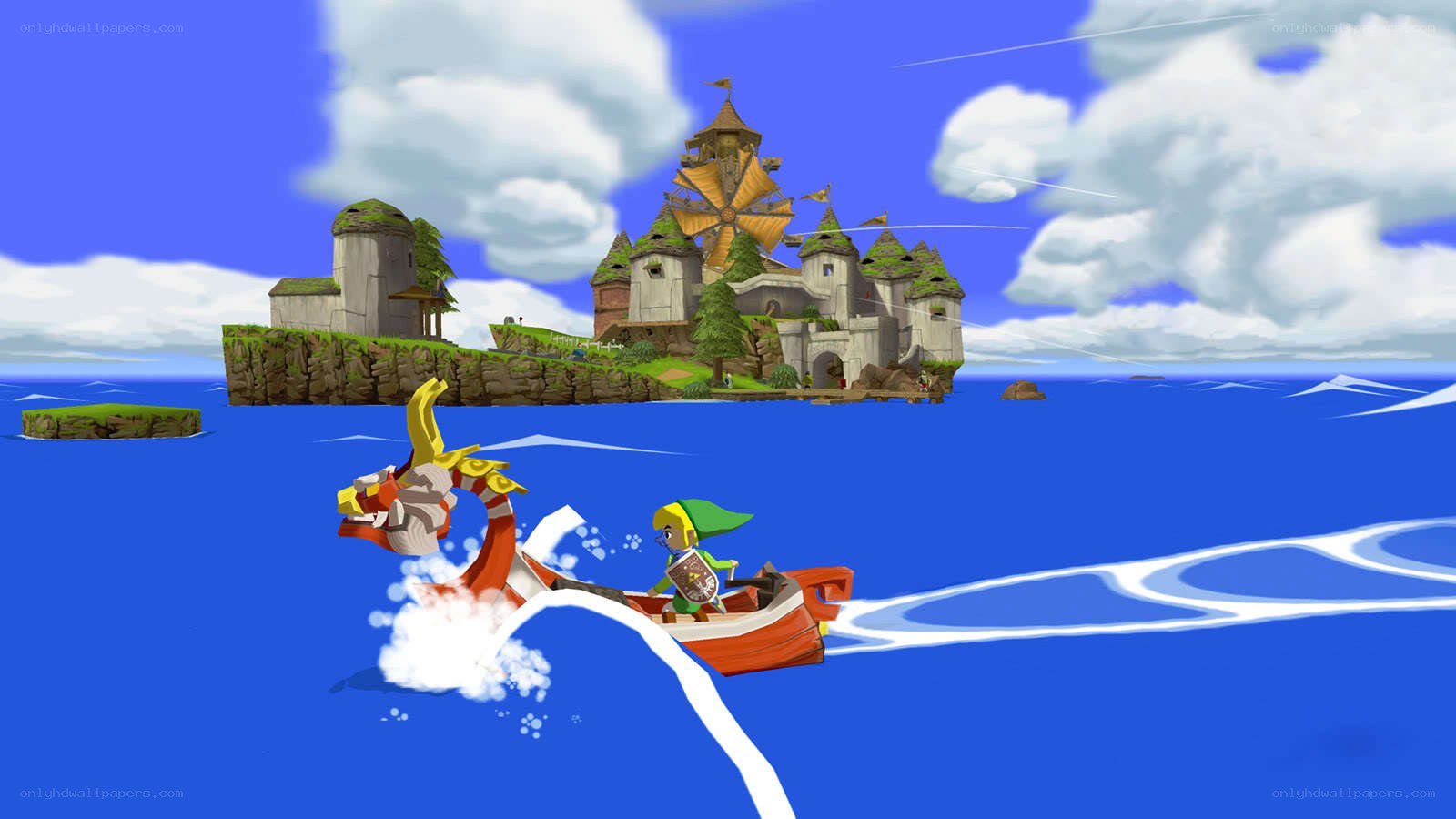 Link sails to a castle island