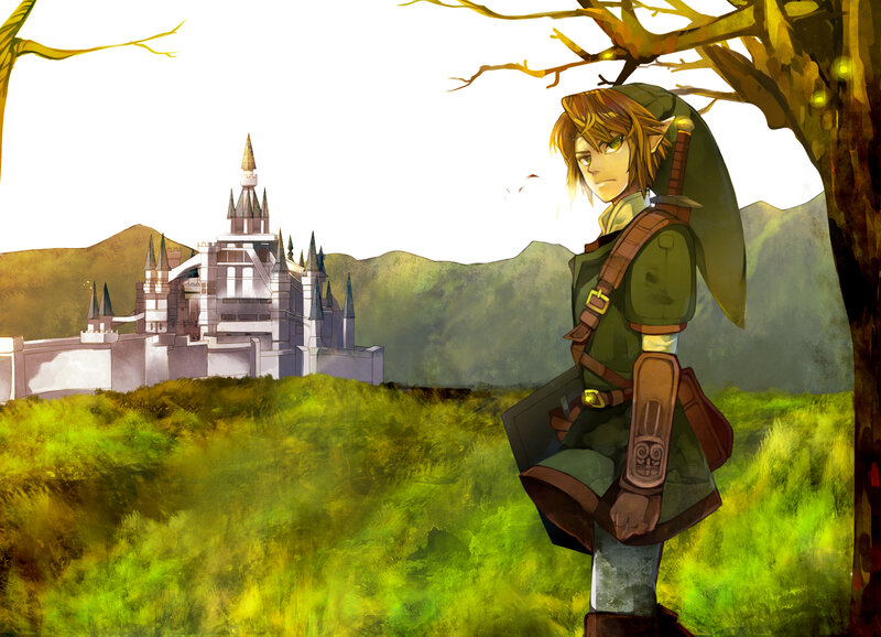 Link stands before a castle