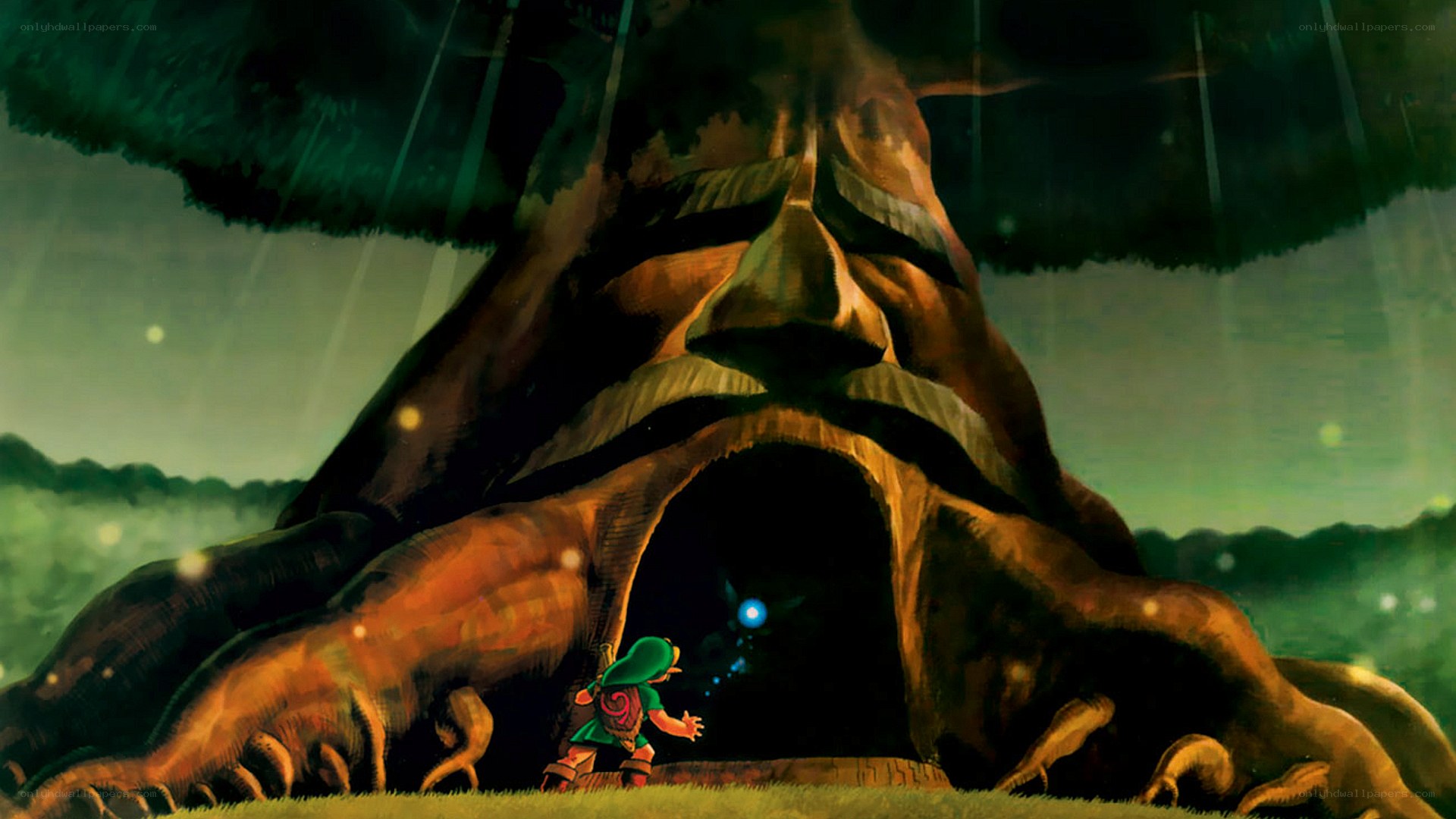 Link stands before a giant tree