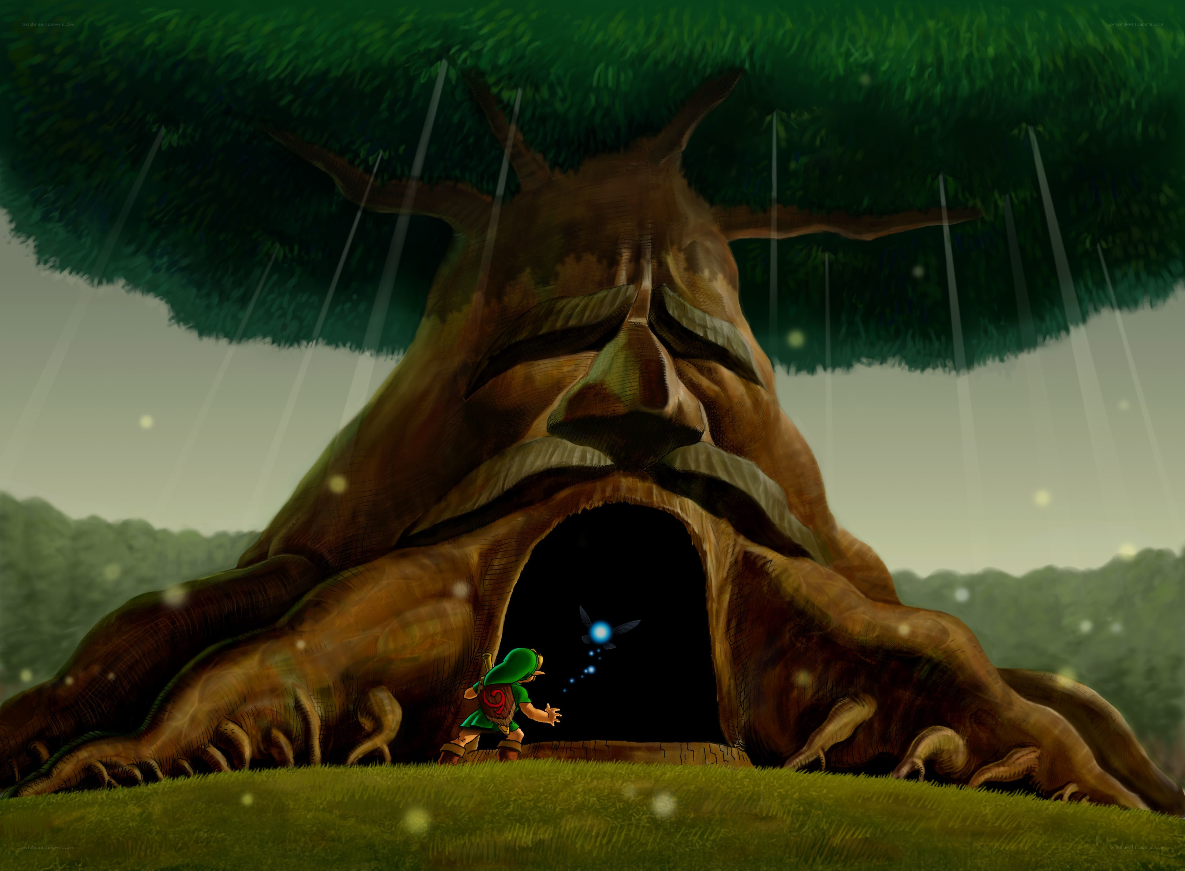 Link stands before a giant tree