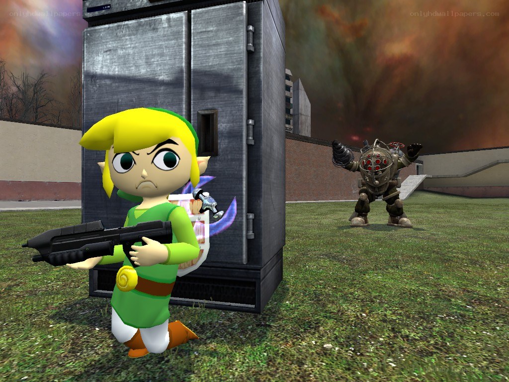 Link with a gun in a post-apocalyptic scene