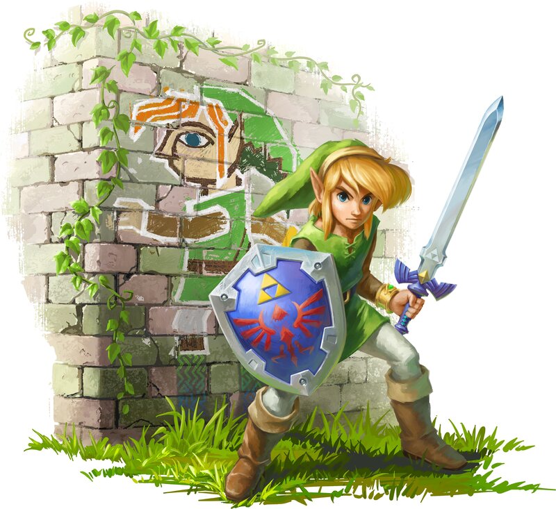 Link with Sword and Shield — Green, Determined, Digital Art, Wall, Blue, Brown