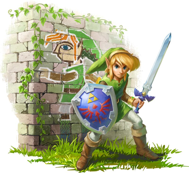 Link with Sword and Shield — Green, Determined, Digital Art, Wall, Blue