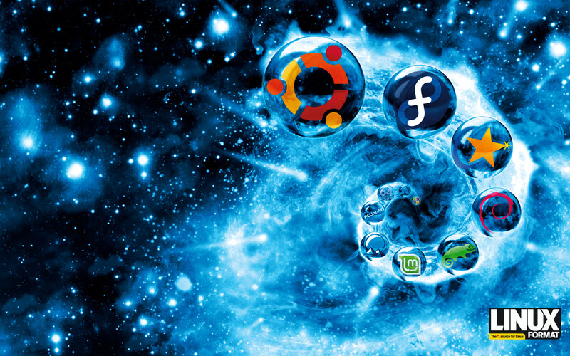 Linux distribution logos in space