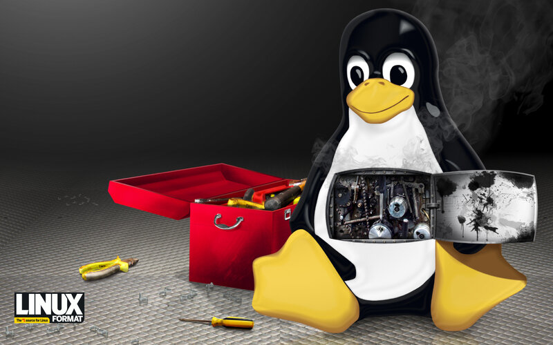 Linux penguin with tools