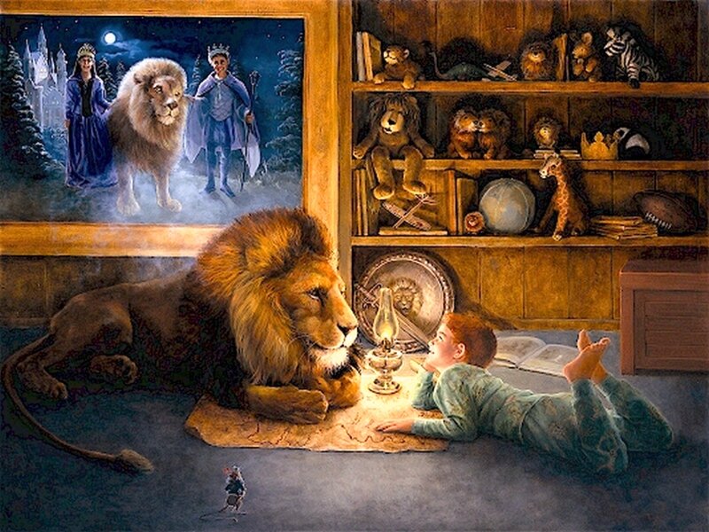 Lion and Boy on Floor — Brown, Whimsical