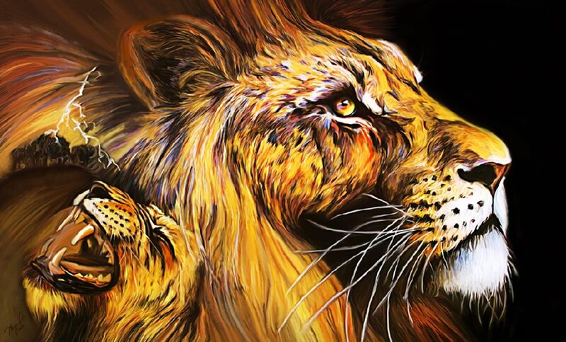 Lion and cub in dramatic art