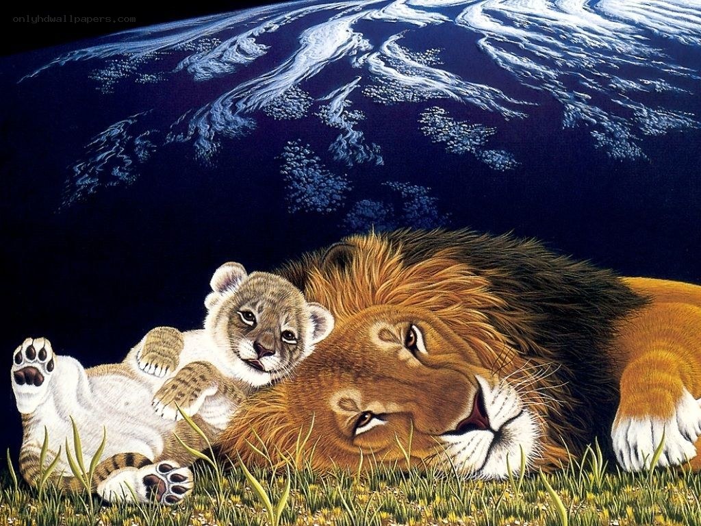 Lion and cub on Earth