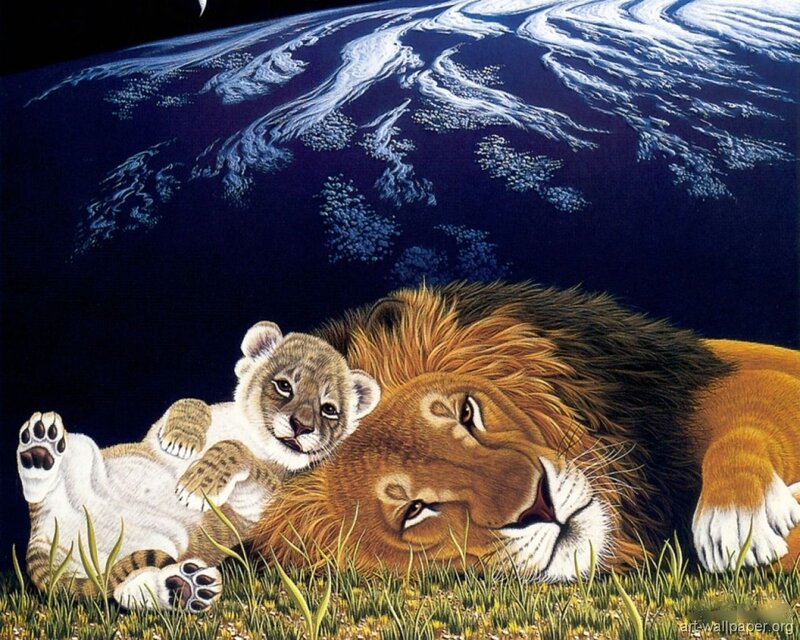 Lion and Cub Sleeping — Brown, Serene, Night