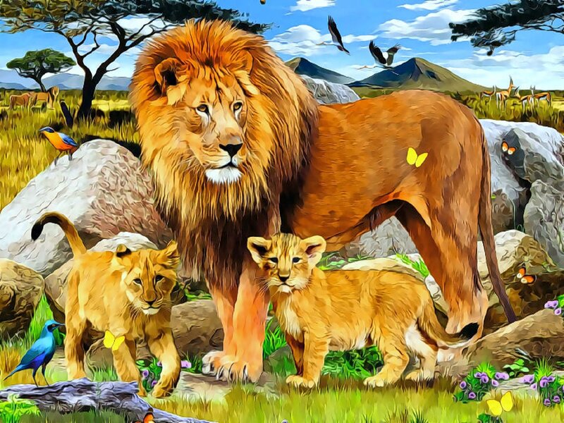 Lion and Cubs — Brown, Serene, Afternoon