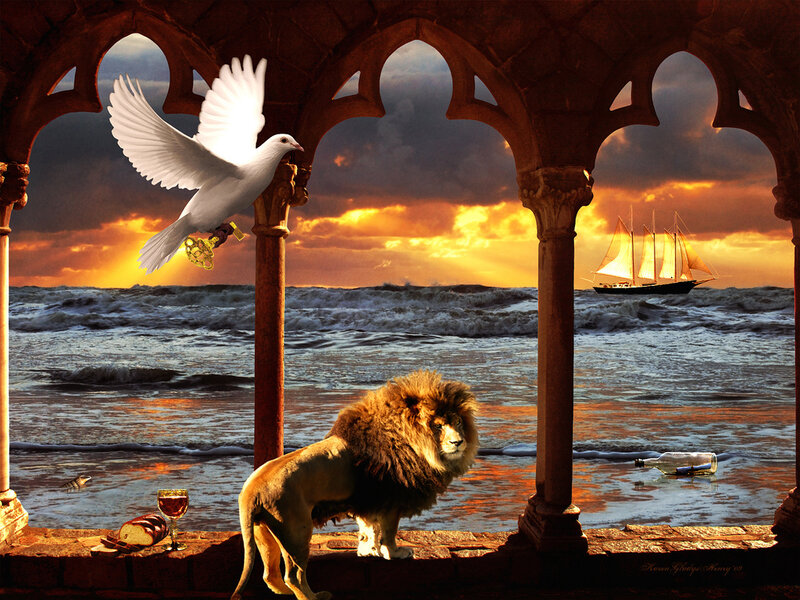 Lion and Dove at Sunset