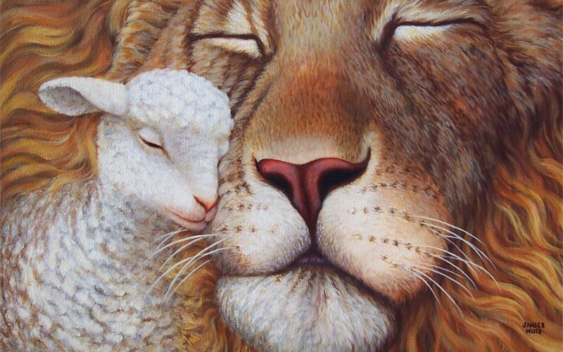 Lion and Lamb Sleeping — Brown, Peaceful