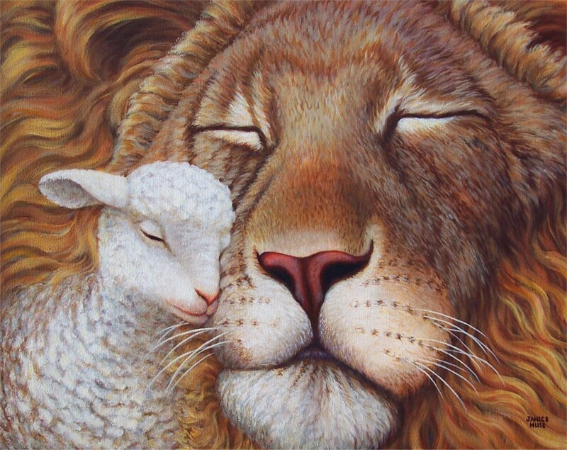 Lion and lamb sleeping peacefully