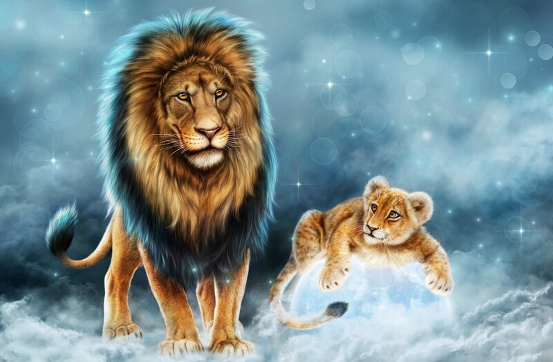 Lion and Lion Cub — Blue, Dramatic