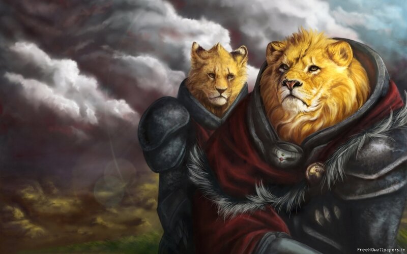 Lion and Lion Cub — Red, Dramatic