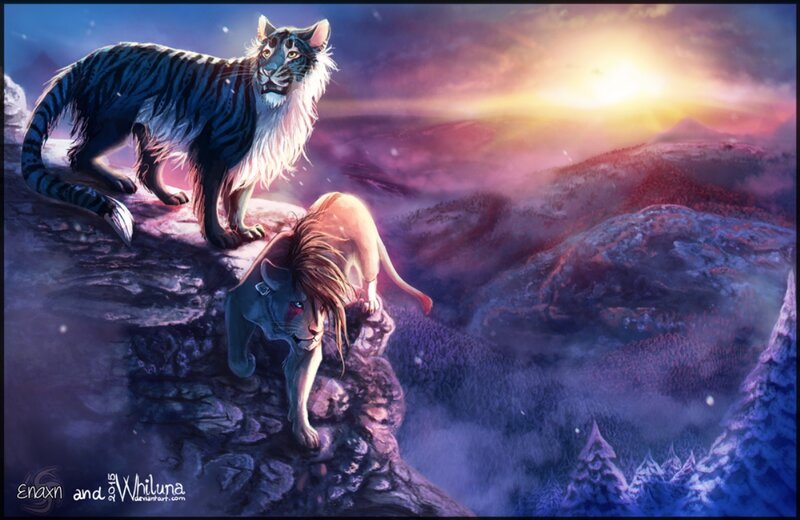 Lion and Tiger on Cliff