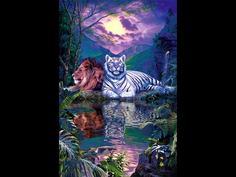 Lion and White Tiger — Purple